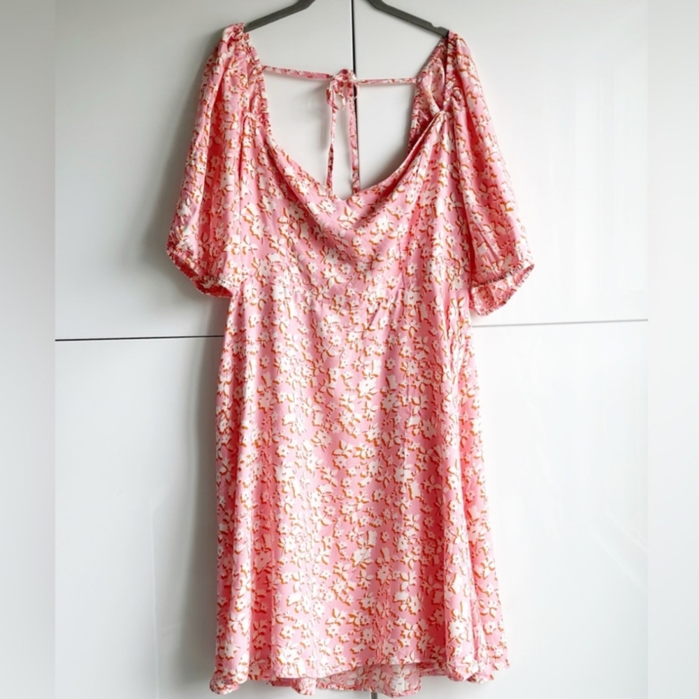 Eloquii Summer Mini Dress Pink/Orange Tie Back Puff Sleeves Size 20